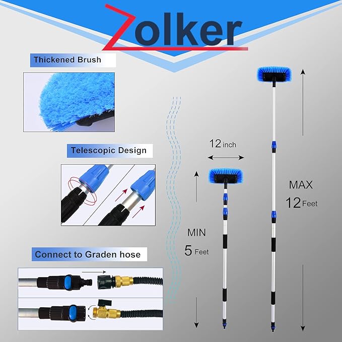 5-12 Foot (20ft Reach) Deluxe Flow Through Car Wash Brush,Long Handle Telescopic Extension Pole Brush; Solar Panel Cleaning Brush; Soft Bristles Head Cleaning RV;Boat;Solar Panel, Deck,Floor