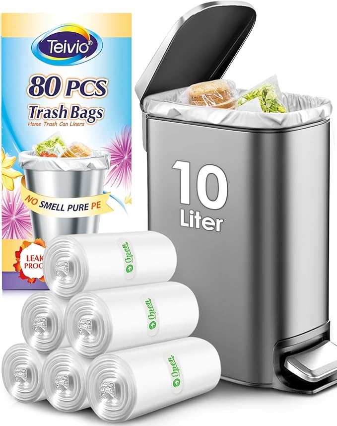 2.6 Gallon 80 Counts Strong Trash Bags Garbage Bags by Teivio, Bathroom Trash Can Bin Liners, Small Plastic Bags for Home Office Kitchen,fit 10 Liter, 2,2.5,3 Gal, Clear