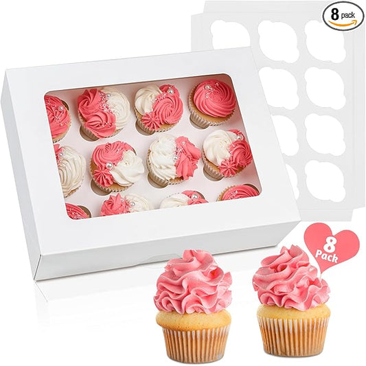 12 Count Cupcake Boxes, 8 Pack Auto-Popup White Cupcake Containers with Window and Inserts Cupcake Carrier with Holders to Fit Dozen Cupcakes and Muffins