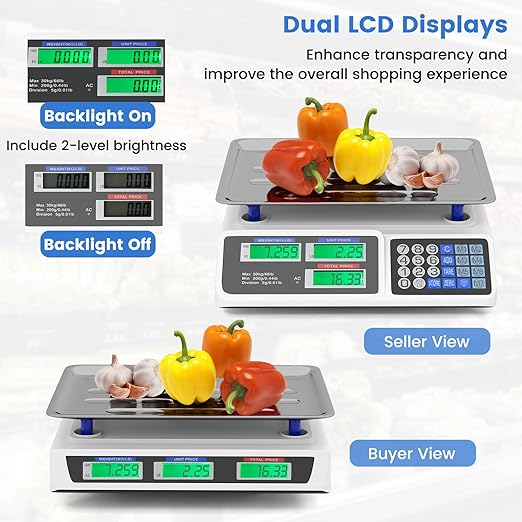Goplus 66lb Price Computing Scale, Commercial Food Scale with Dual LCD Displays, Rechargeable Battery, Stainless Steel Platform, Price Calculation for Farmers Market, Deli, Meat Shop (Not for Trade)