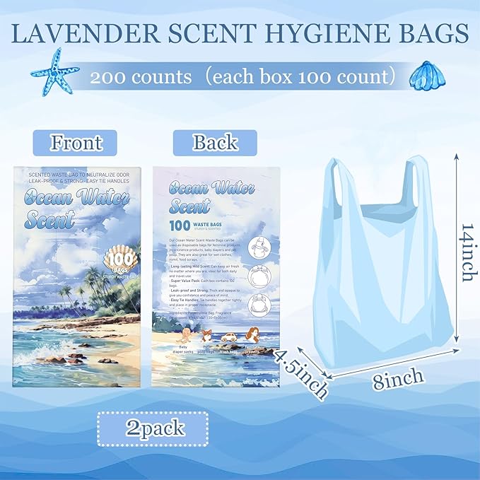 200 Count Ocean Water Scented Small Trash Bags Small Diaper Baggies for Adult Briefs Feminine Hygiene Baby Diaper Disposable Bags Pet Waste Sacks with Easy-to-tie Tabs