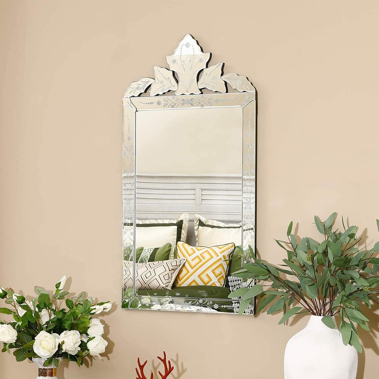 KOHROS Bathroom Vanity Decorative Mirrors for Wall Decor 42" x 24" Venetian Wall Mirror with Floral Etched Design Crown Top Frameless Wall Mirror for Bedroom Bathroom Vanity