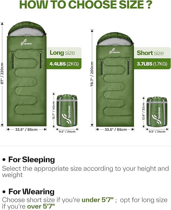 Sportneer 0 Degree Wearable Sleeping Bag for Adults & Kids – Walkable with Arm Zippers, Waterproof & Warm, Compact for Camping, Stadiums, Travel, Backpacking & Car Use