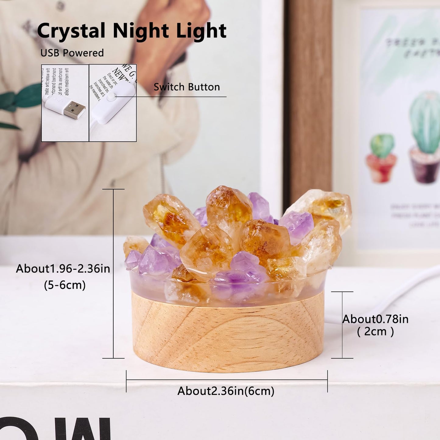 Runyangshi Natural Crystal Night Lamp Bedroom Bedside Sleep Night Light Citrine Amethyst Healing Crystal Gemstone Quartz Ambient Light USB Powered Night Decoration Desktop Ornament for Home Decor Gift