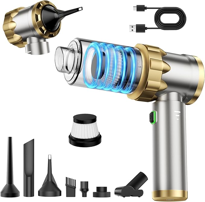 Car Vacuum Portable Cordless - Handheld Vacuum Cleaner with 16000PA Strong Suction, 7-in-1 Air Duster/Blower, Rechargeable Mini Vacuum with Long Battery, Multi-Nozzles for Car,Home, Office, Pet