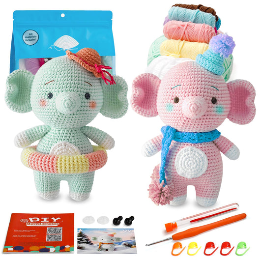 ISTORAGE Crochet Kit for Beginners, 2PCS Elephant Beginner Crochet Kit Crochet Starter Kit DIY Crochet Animals Kits Knitting Supplies, Easy Knitting Kit