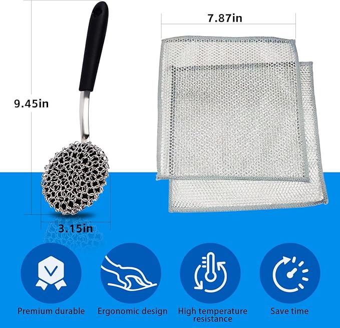 Cast Iron Scrubber with Silicone Handle, Chainmail Scrubber 316 Stainless Steel Brush Non-Scratch Pot for Cast Iron Pan Skillet Cleaner, Dishwasher Safe