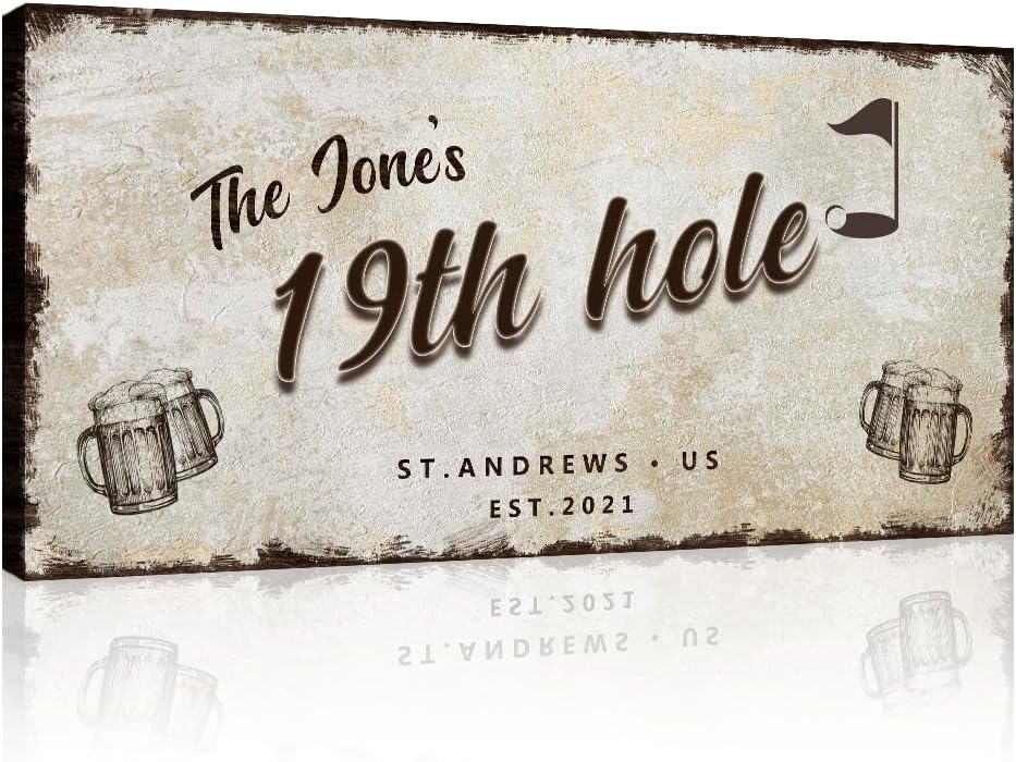 TAILORED CANVASES Golf Art Decor - Personalized Vintage Golf Wall Art Sign for Man Cave, Bedroom, Basement, Home Bar and Custom Gift for Husband, Dad, Wedding & Anniversary - 19th Hole Sign, 48"x24"