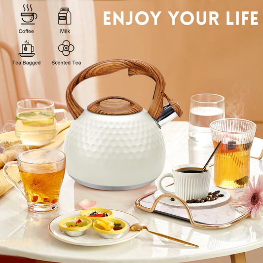 GGC Tea Kettle for Stove Top, Loud Whistling Kettle for Boiling Water Coffee or Milk, 3.1 Quart 3L Heavy Stainless Steel White Kettles with Wood Pattern Handle, Unique Button Control Kettle Outle