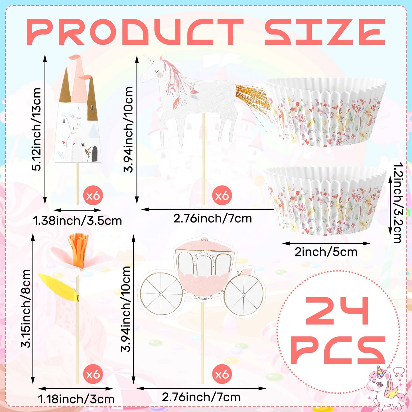 Humyoun 48 Pcs/24 Sets Unicorn Princess Cupcake Toppers Kit Includes 24 Cupcake Toppers and 24 Floral Cake Cup Unicorn Theme Party Supplies for Birthday Wedding Princess Theme Party Baby Showers