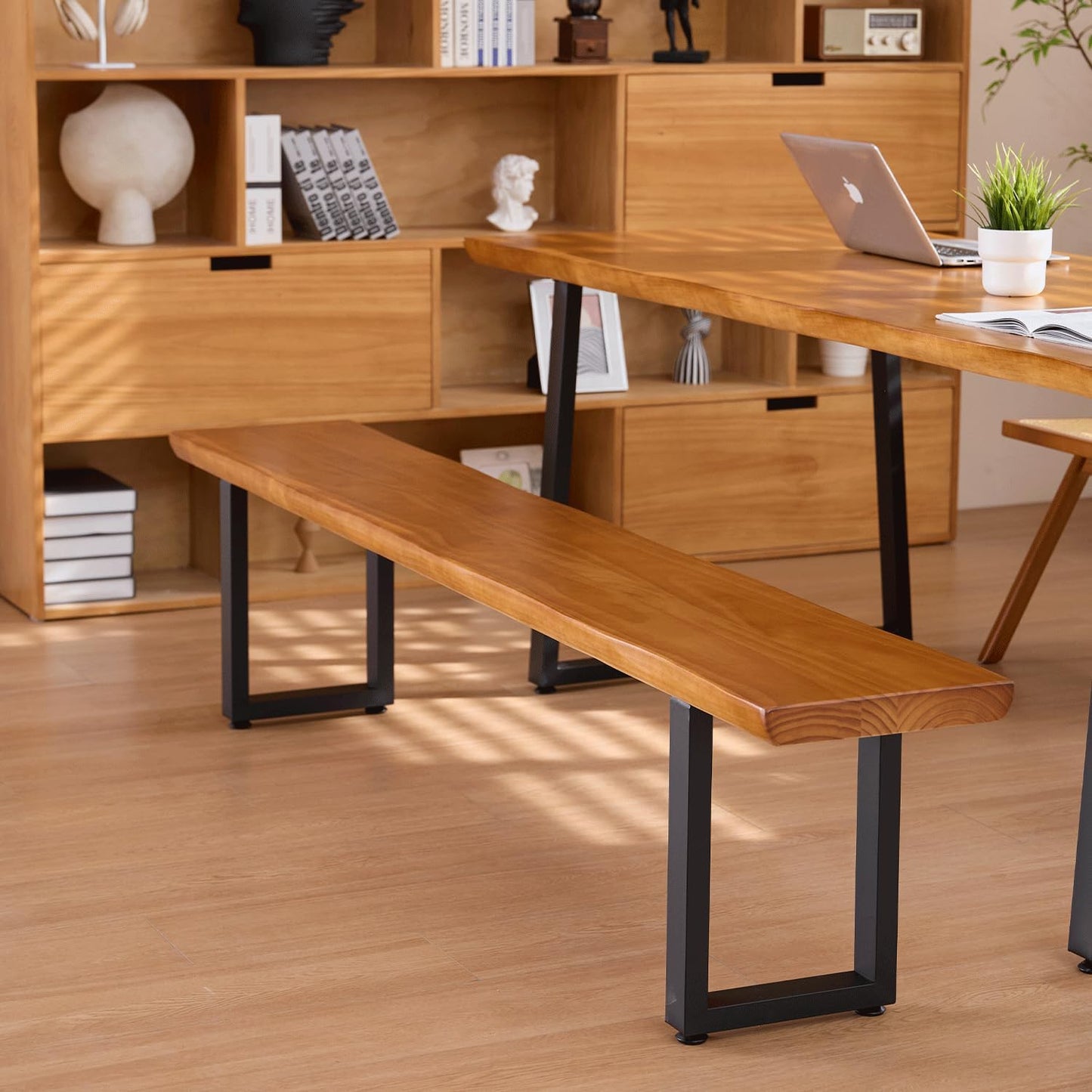 Solid Wood Top Bench with Metal Legs Durable Long Bench for Home Office Living Room Dining Room Versatile Multi Size Options Perfect Chair Stool Dining Chair (Light Brown Bench, 78.74in)