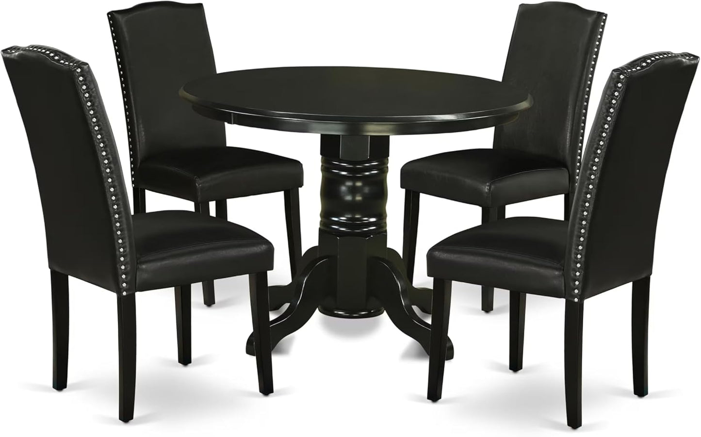 East West Furniture SHEN5-BLK-69 5 Piece Dining Room Table Set Includes a Round Kitchen Table with Pedestal and 4 Black Faux Leather Parson Dining Chairs, 42x42 Inch, Black