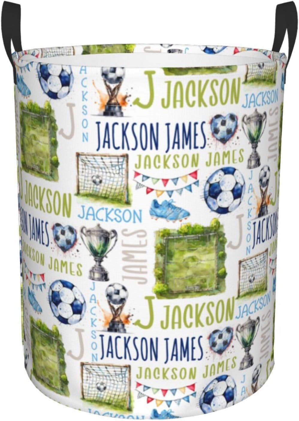 Personalized Soccer Laundry Basket, Custom Sports Laundry Hamper With Name Gifts For Kids Baby Adults, Collapsible Dirty Clothes Storage Organizer With Handles S 16.5 X 13.8in