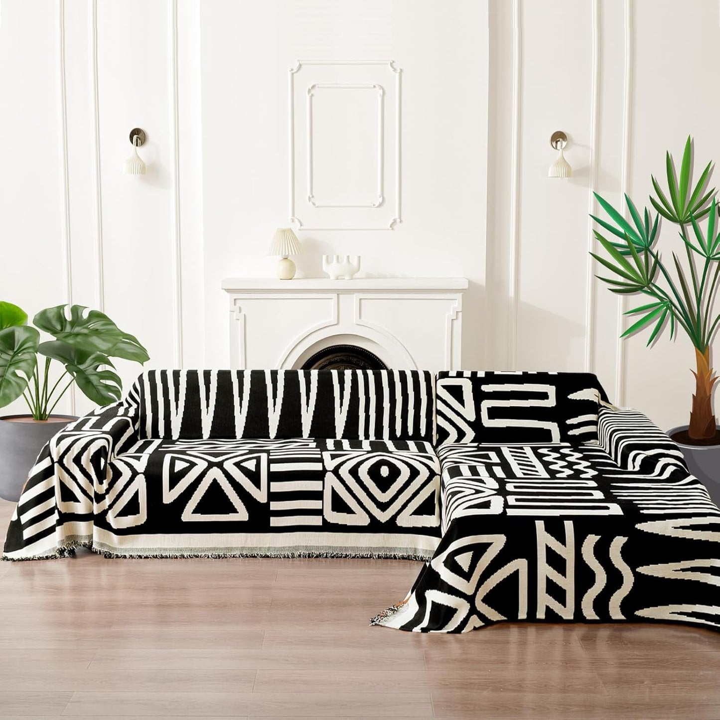 HANDONTIME Boho Armchair Slipcovers for Dogs - Black & Beige Chenille Couch & Sofa Covers for Recliner, Sectional - 59" X 71"