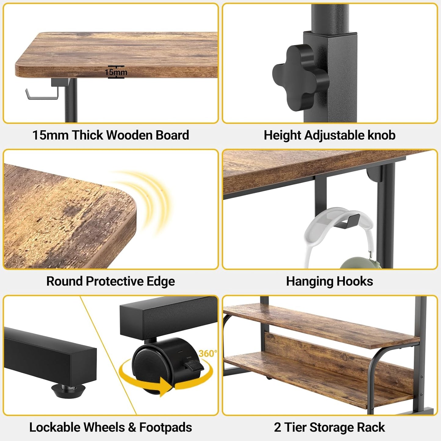 39" Height Adjustable Standing Desk with Power Outlets - Manual Rolling Stand Up Desk with Wheels Small Portable Computer Desk Mobile Laptop Table with Storage Shelves for Home Office, Rustic