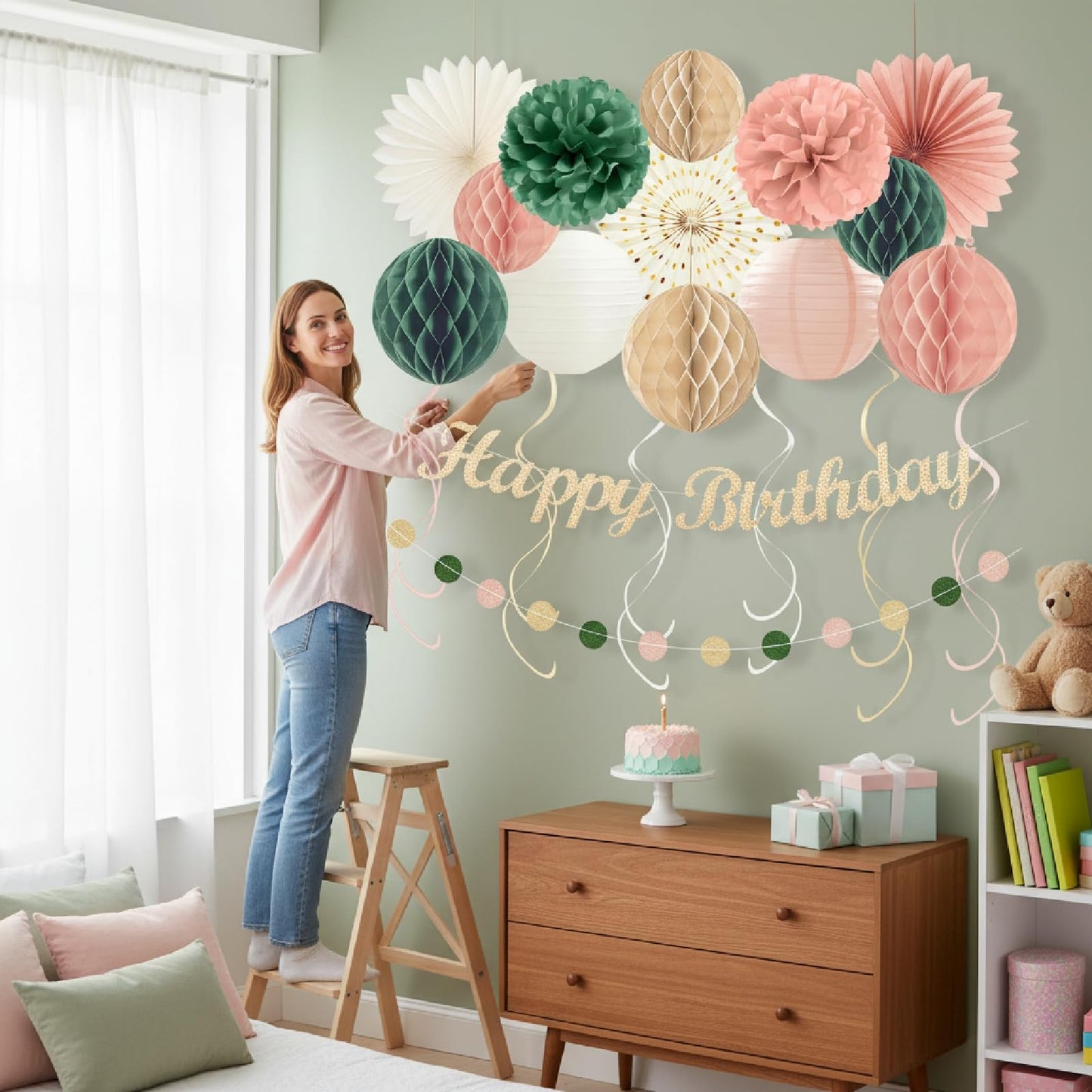 24Pcs Boho Style All-In-One Party Decorations Kit, Happy Birthday Banner with Honeycomb Balls, Paper Flowers, Lanterns, Hanging Swirls, Garland for Women, Girls Celebrations (Pink Sage Green)