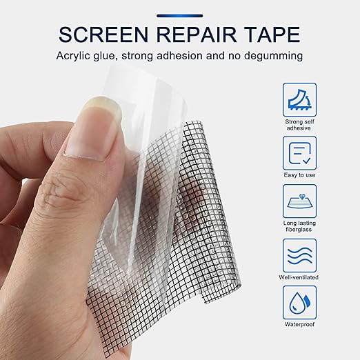 Window Screen Repair Kit 2 in X 16.5FT 3-Layer Strong Adhesive & Waterproof Tape Fiberglass Covering mesh, Repair for Window Screen and Screen Door tears Holes