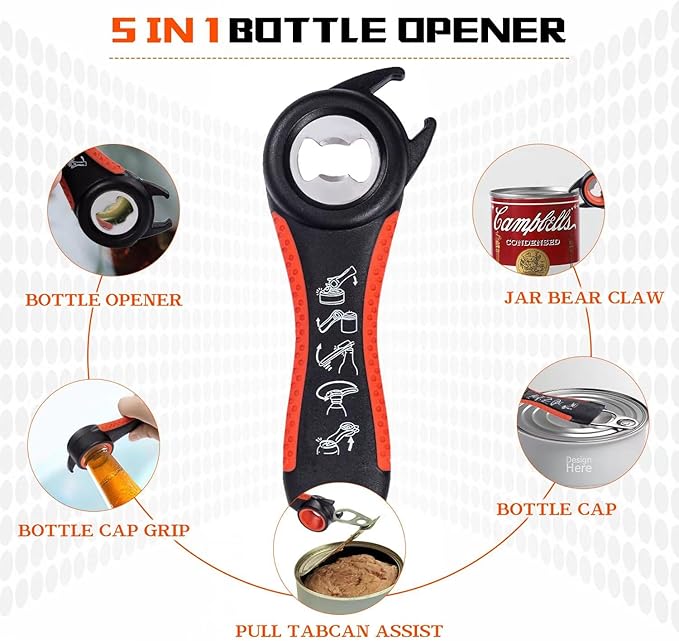 Jar Opener Bottle Opener for Weak hands 5 Pack, Multi Kitchen Tools Set for Weak Hands, Children, Seniors with Arthritis, Lid Opener for Children, with Silicone Handle (Red)