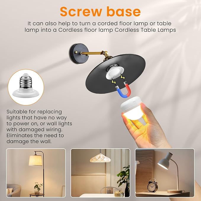 SCOPOW 4Packs E26 Rechargeable Light Bulbs with Remote and Timer, 8W 600lm Bright Magnetic Light Bulbs, 2500mAh Battery Operated Lightbulbs, 3 Color Temperature, Dimmer for Non-Hardwired Lamp