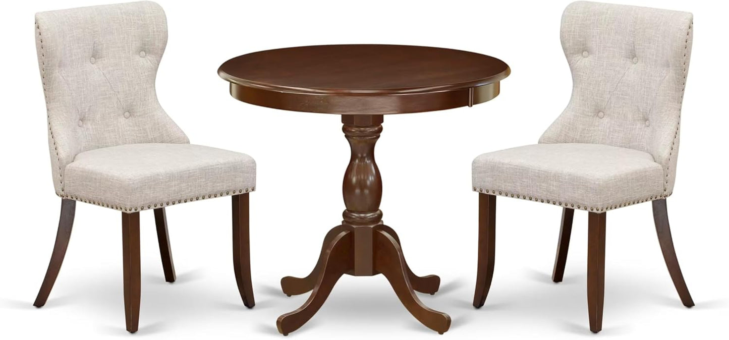 East West Furniture AMSI3-MAH-35 3 Piece Dining Room Table Set Contains a Round Kitchen Table with Pedestal and 2 Doeskin Linen Fabric Parson Dining Chairs, 36x36 Inch, Mahogany