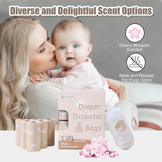 Diaper Bags Disposable for Baby, Biodegradeable Dirty Diaper Bags (8 Refill Rolls/120 Bags) with Dispenser, Leak Proof Diaper Trash Bags, Baby Poop Bags, Cherry Blossom Scent