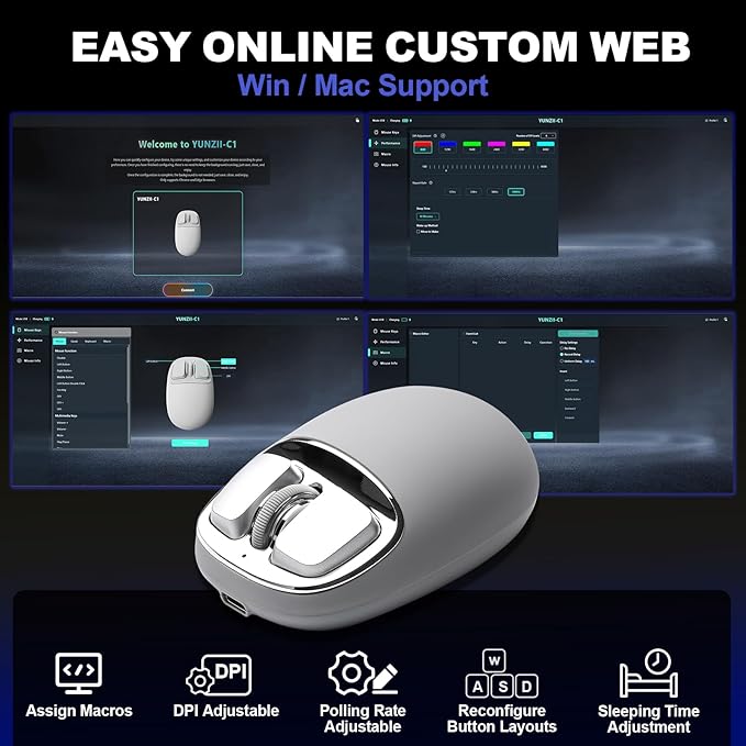 YUNZll C1 Silicone Wireless Mouse, Tri-Mode 2.4G/USB-C/Bluetooth Mouse, 4800 DPl Optical Tracking, 6 Adjustment Levels,Customize Mice for Laptop, Computer, iPad, MacBook (Gray Silver)
