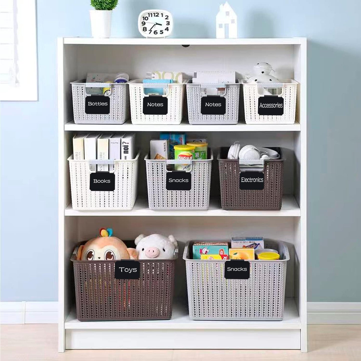 Basket Labels Clip Set - 12 Removable PVC Bin Label Holders with 2 Chalk Markers - Kitchen Clip Labels for Storage Baskets, Boxes, and Containers