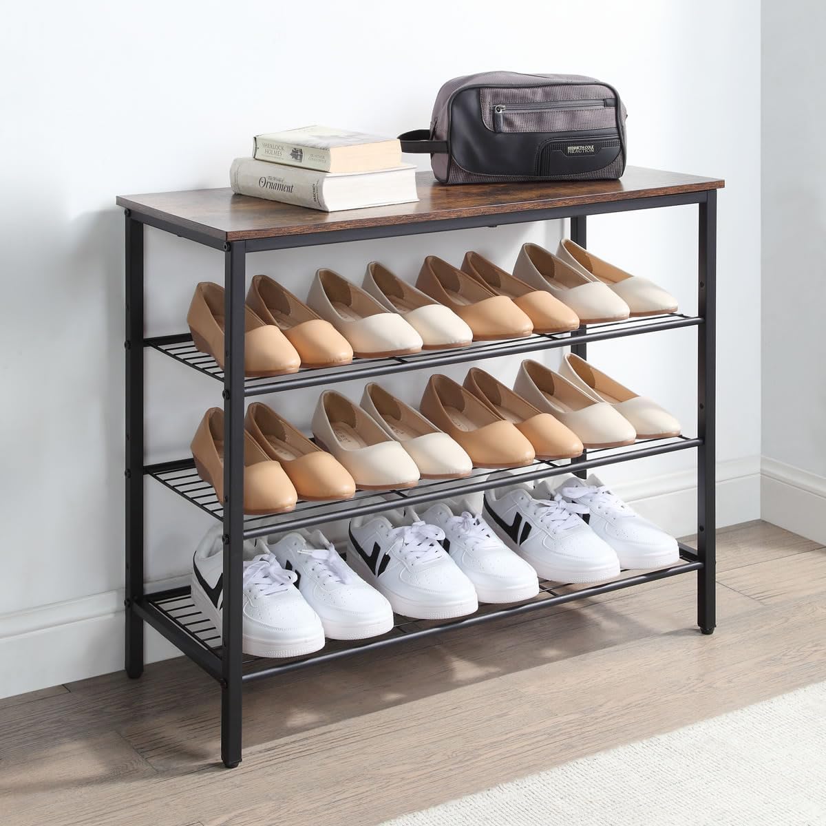 4-Tier Shoe Rack Organizer, Metal Mesh Shoe Storage Shelf, for Entryway, Hallway, Closet, Dorm Room, Industrial, Rustic Brown
