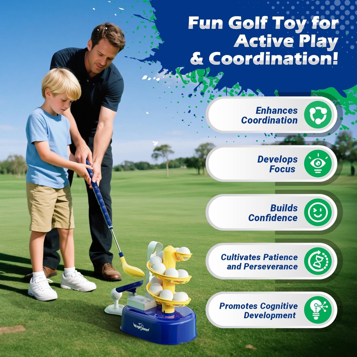 EagleStone Toddler Golf Set with Foot Pedal Launcher, Kids Golf Toy for Ages 3-8, Includes Adjustable Golf Club, 15 Balls & Golf Cart, Indoor&Outdoor Sports Gift for Boys and Girls