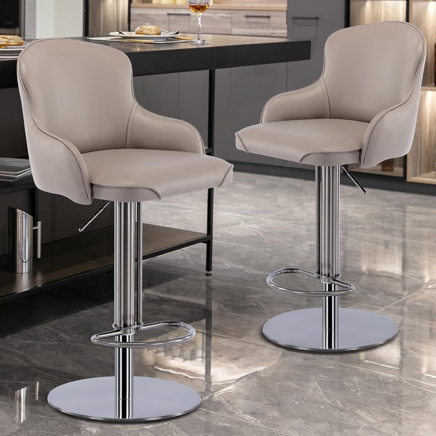 Black Titanium Stainless Steel Bar Stools,Grade Modern Leather Bar Chair with Backrest,Swivel Adjustable Height for Kitchen Counter and Dining Room (Grey Leather-2pcs)
