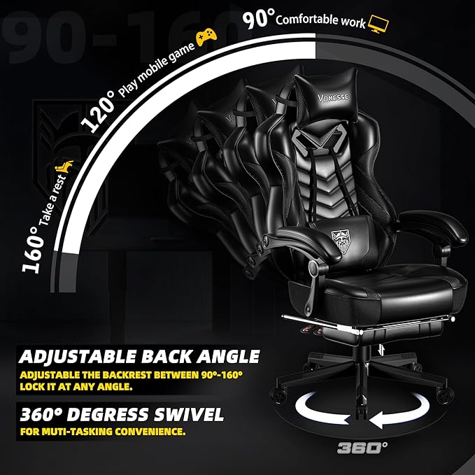 Vonesse Gaming Chair, Big and Tall Office Chair with Footrest and Massage, Gaming Chairs for Adults with Lumbar Support, Ergonomic High Back Computer Desk Chair with Pocket Spring Cushion (Black)
