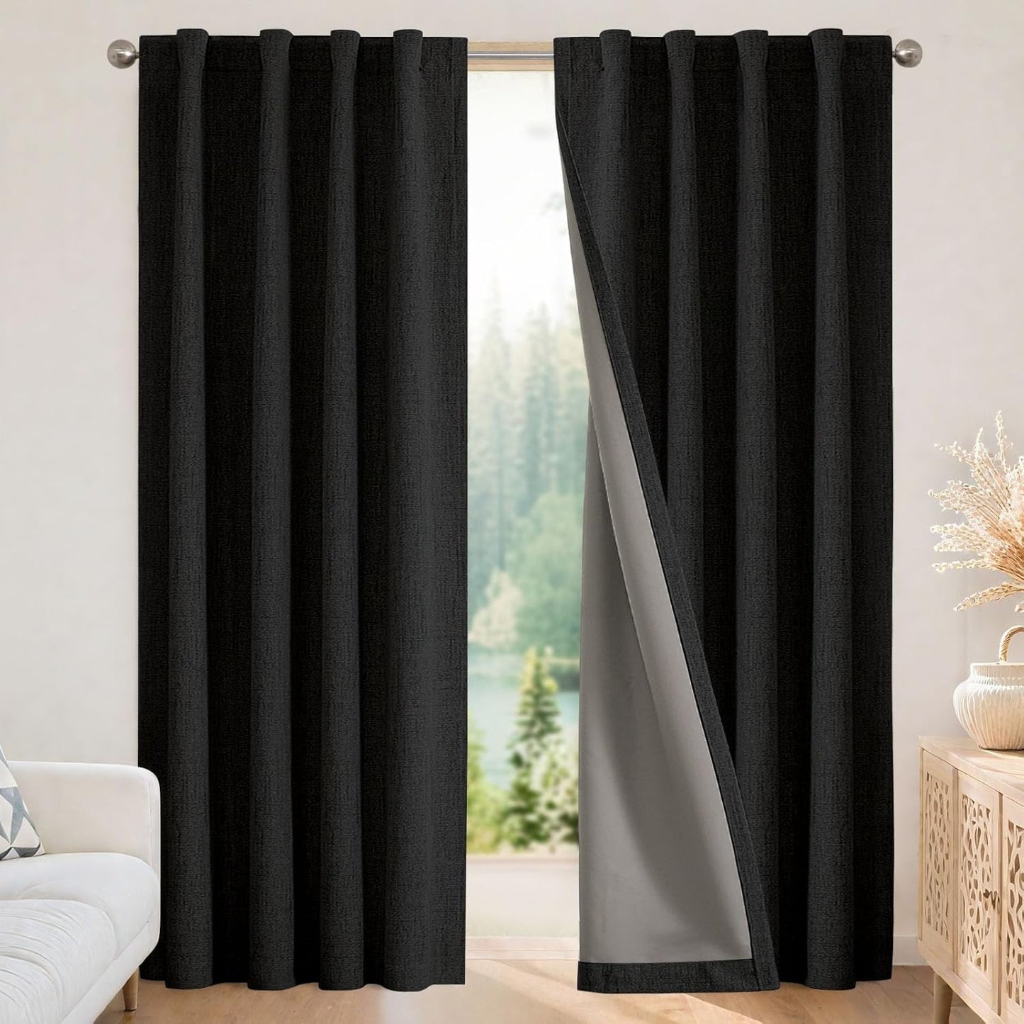 Joydeco 100% Blackout Curtains for Bedroom - Natural Linen Curtains 37" W x 108" L, Thermal Insulated 2 Panels Black Light Blocking Drapes, Rod Pocket & Back Tabs