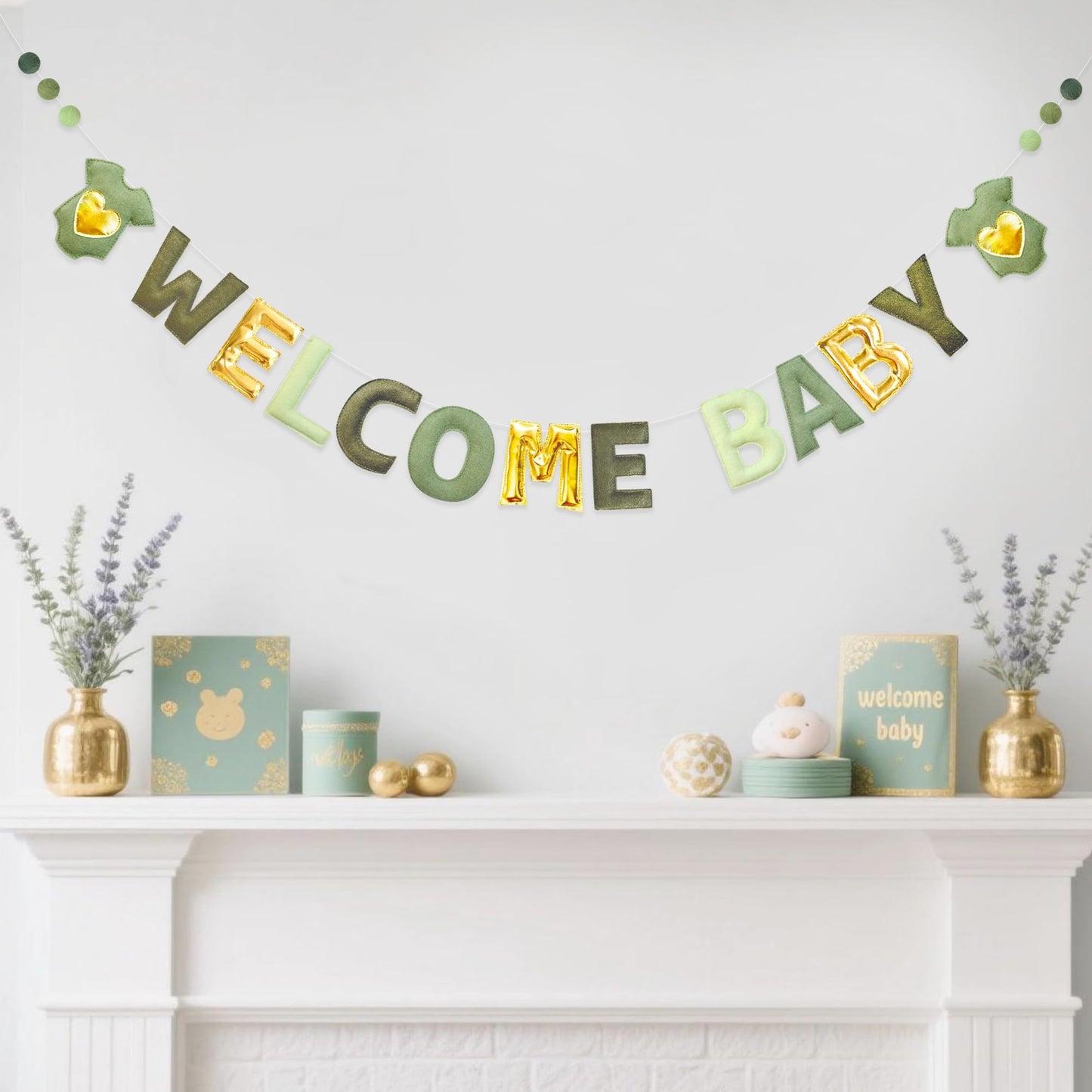 Sage Green Gold Baby Shower Decorations Pre-Strung Handmade Felt Metallic Gold Welcome Baby Sign Baby Clothes Wool Felt Ball Banner for Neutral Baby Shower Party Nursery Home Fireplace Room Decor