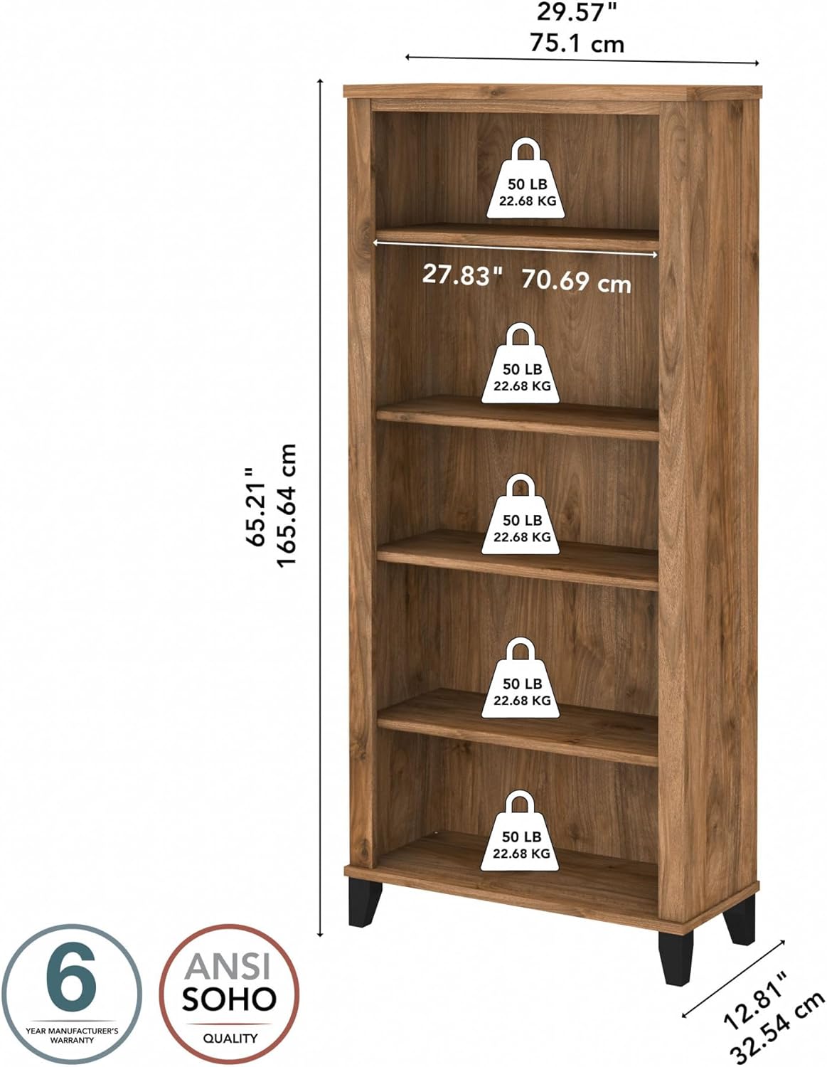 Bush Furniture Somerset 5 Shelf Bookcase in Fresh Walnut, Tall Bookshelf, Large Book Shelf for Living Room, Home Office, or Entryway