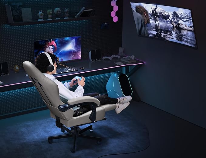Gaming Chair Breathable Leather with Pocket Spring Cushion,Wide and High Ergonomic Office Chair with Headrest,Computer Gaming Chair with Footrest for Adult and Teen,Beige