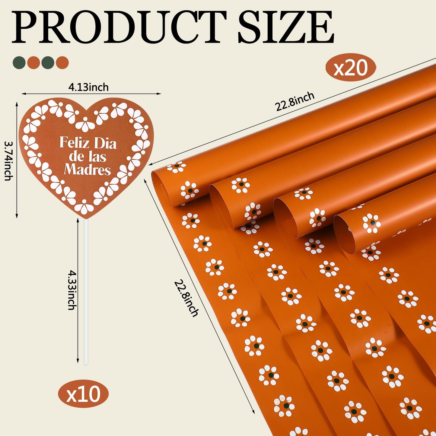 Fullhawl 20 Sheet Mexican Flower Wrapping Paper and 10 Pcs Feliz Dia De La Madre Cake Toppers Waterproof De Barro Brown White Floral Bouquet Wrap for DIY Gift Packaging Florist Supplies