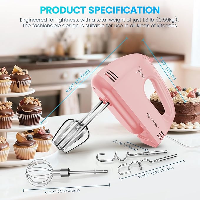 Hand Mixer Electric, Small Food Mixer 7 Speeds Handheld Blender,304 *(1* Whisk, 2* Beater, 2*Dough Hook) Kitchen Blender for Cream, Cookies, Dishwasher Safe, Pink