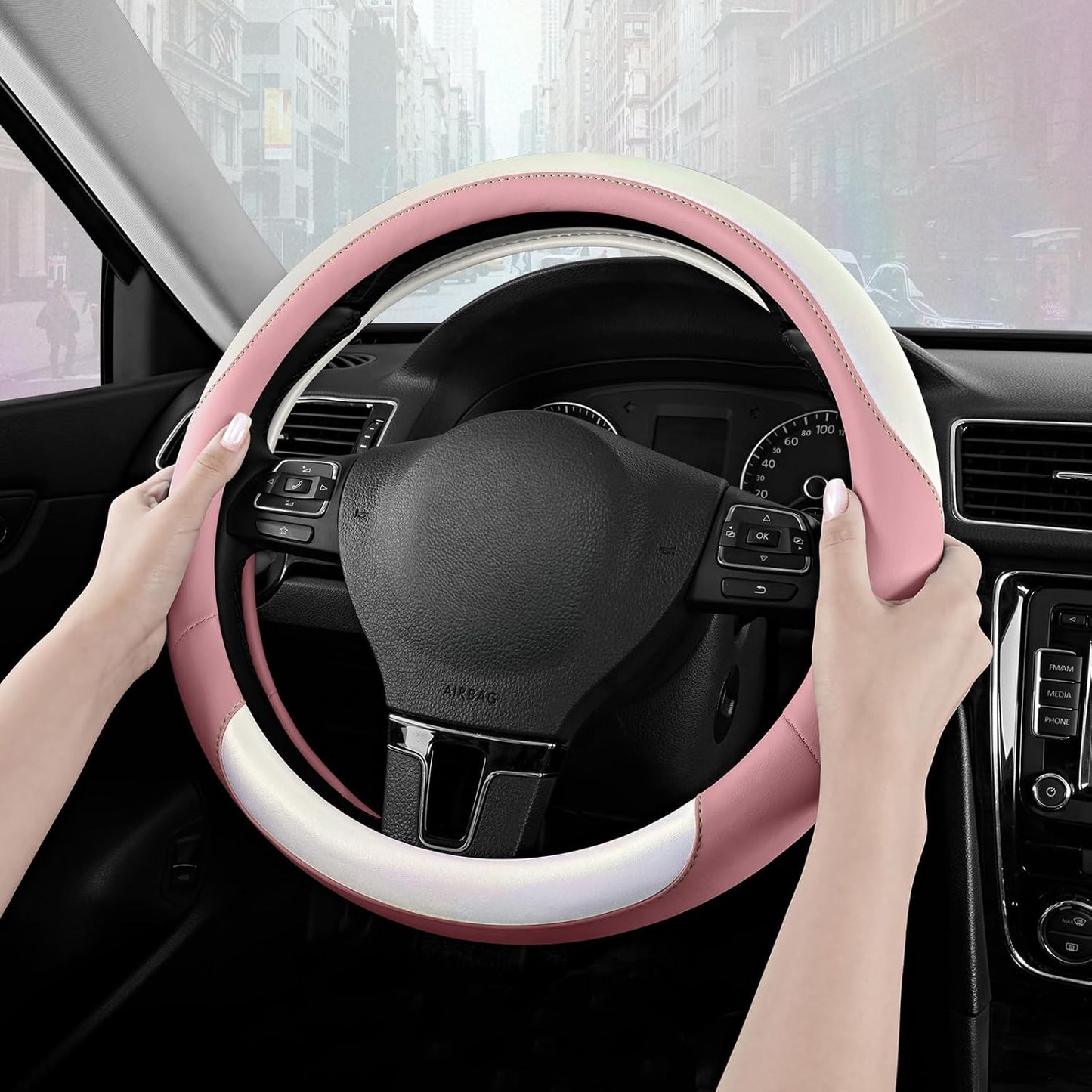 Road Comforts Steering Wheel Cover – Breathable Leather Steering Wheel Cover, Anti-Slip Grip, Universal Fit 14.5” to 15”, Heat & Cold Resistant for Cars, SUVs, and Trucks –Shining White & Pink