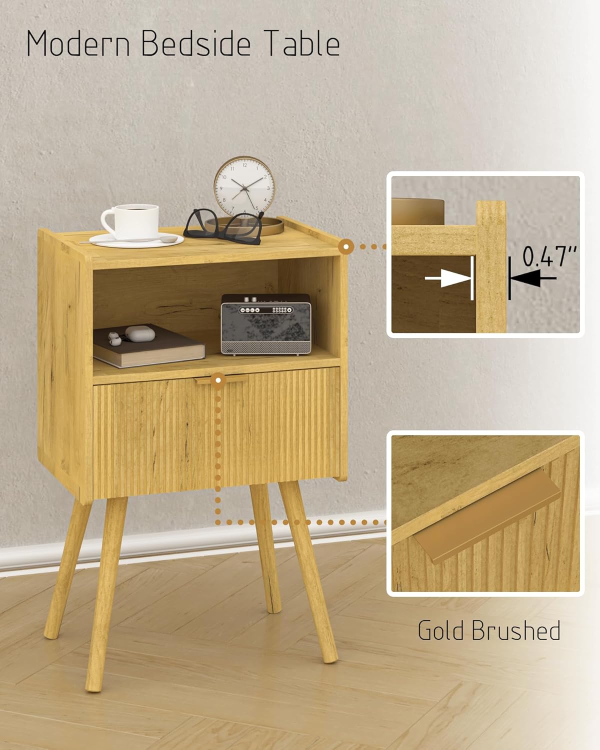 Nightstand,Modern Bedside Table with Storage Drawer and Open Wood Shelf, for Living Room, Bedroom and Small Spaces, Accent Night Stand with Solid Wood Legs, Easy Assembly,Vintage Yellow Oak
