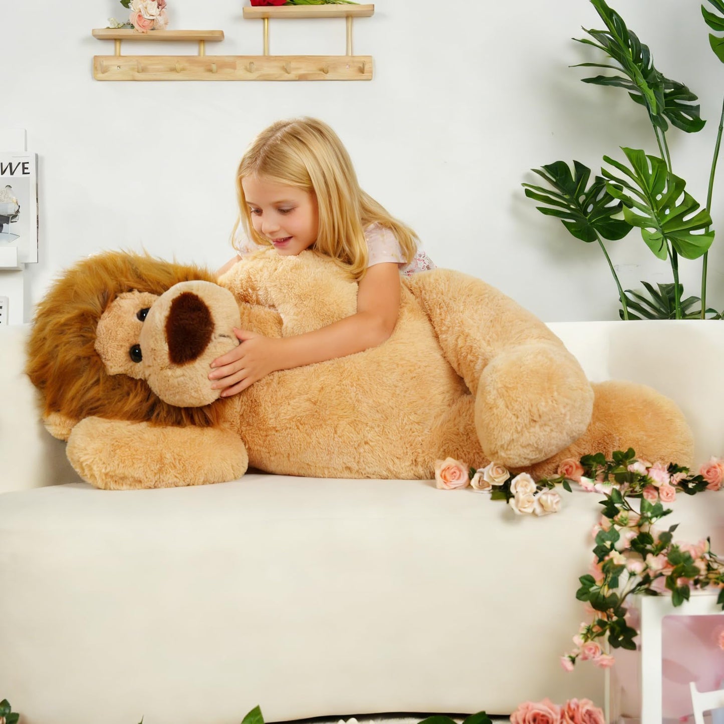 Tezituor 4.3ft Giant Fat Lion Stuffed Animal, 51.2 inch Large Stuffed Lion Plushies Toy Hugging Soft Theme Body Pillow for Boys Girls Birthday Party Gift Decora