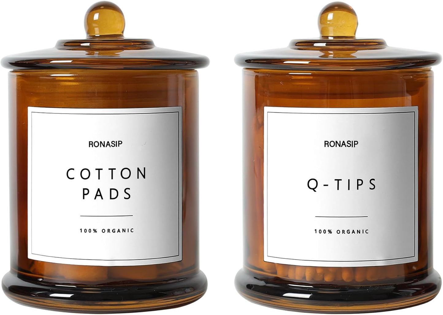 Qtip Holder & Cotton Pad Dispenser, Bathroom Organizer and Storage Canisters, 16oz Glass Apothecary Jars for Kitchen, Restroom - Home Decor Accessories, Room Decor Aesthetic (2 Pack, Amber)