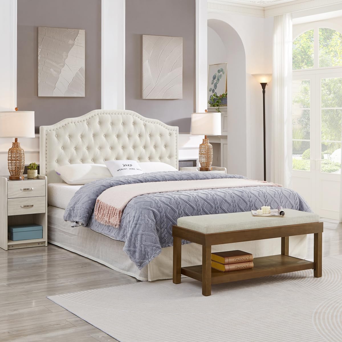24KF Large Rectangular Storage Bench,Upholstered Seat Cushion,Ottoman Coffee Table with Ivory Removable Cushion for Living Room,Entryway Bench Bed Bench with Solid Wood Shelf,5069-Ivory