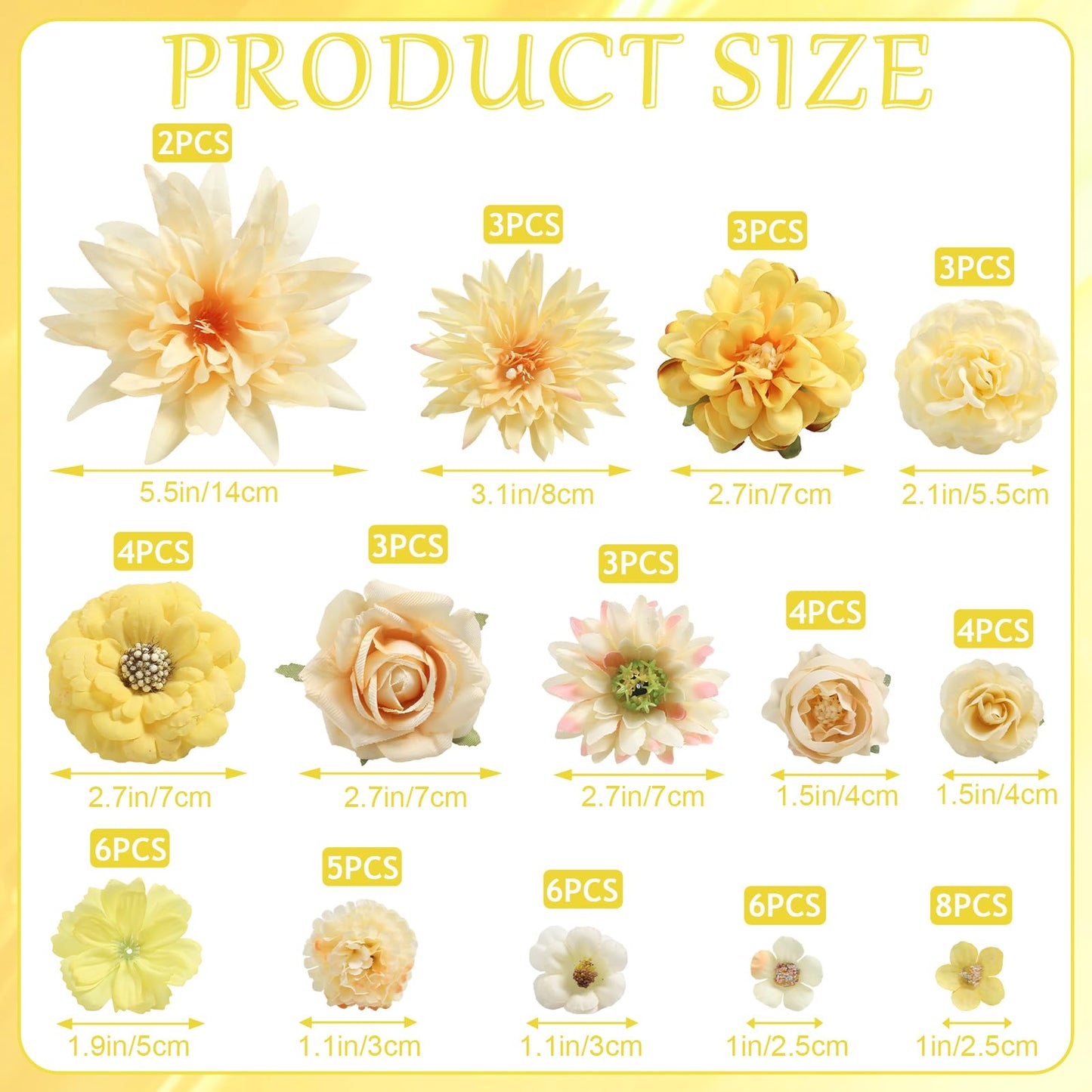 RUIDKUN Fake Flowers Heads Bulk Yellow Mini Artificial Silk Flower for Crafts, Small Artificial Daisy Roses Faux Flowers for Graduation Cap DIY Cake Wedding Party Home Garland Decoration