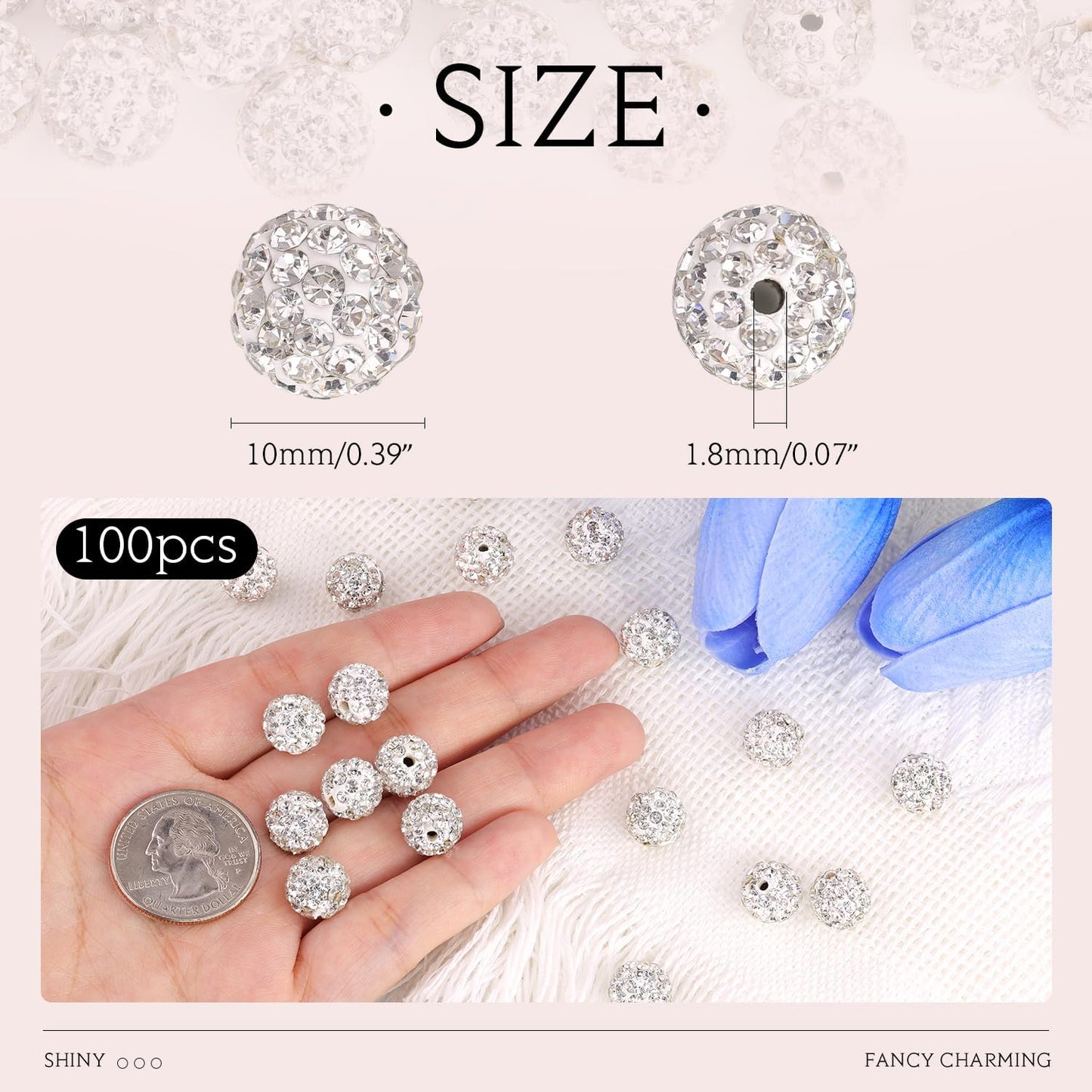100 pcs 10mm Rhinestone Beads for Jewelry Making Crafting, White Shiny Round Disco Baseball Necklace Beads for DIY Shamballa Sparkle Crystal Clay Christmas Bracelet Earring