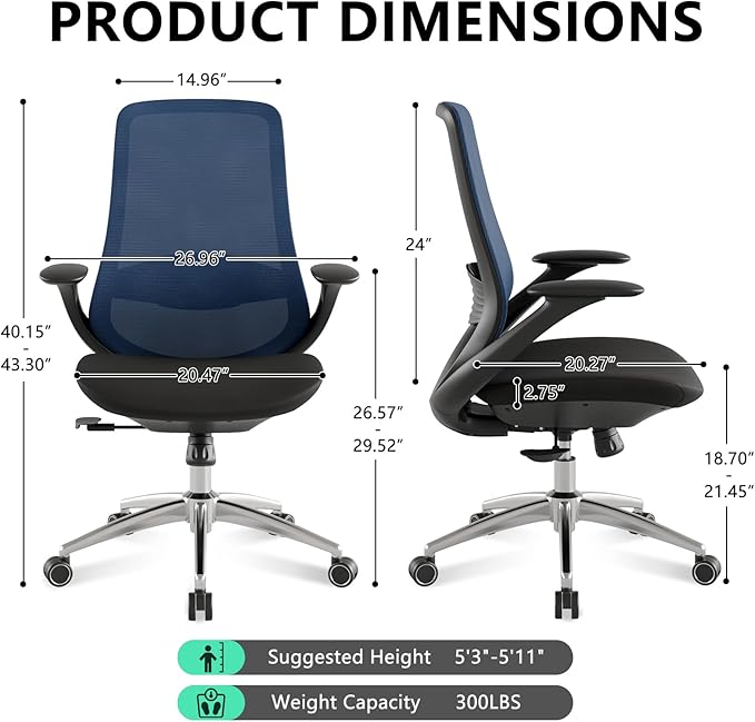 Ergonomic Office Chair, High Back Mesh Desk Chair with Lumbar Support, 360° Swivel & Slide-Adjustable Arms, Tilt Lock and Recline, Breathable Task Chair for Home Office & Gaming (Blue)