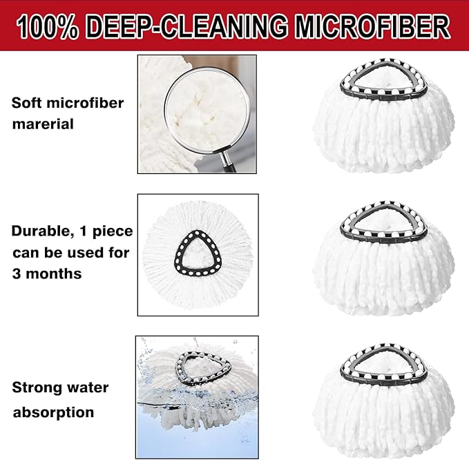 3 Pack White Spin Mop Replacement Heads, Mop Head Replacement 100% Microfiber, Deep Cleaning, Spin Mop Refill Replacement Head Compatible with 1-Tank System