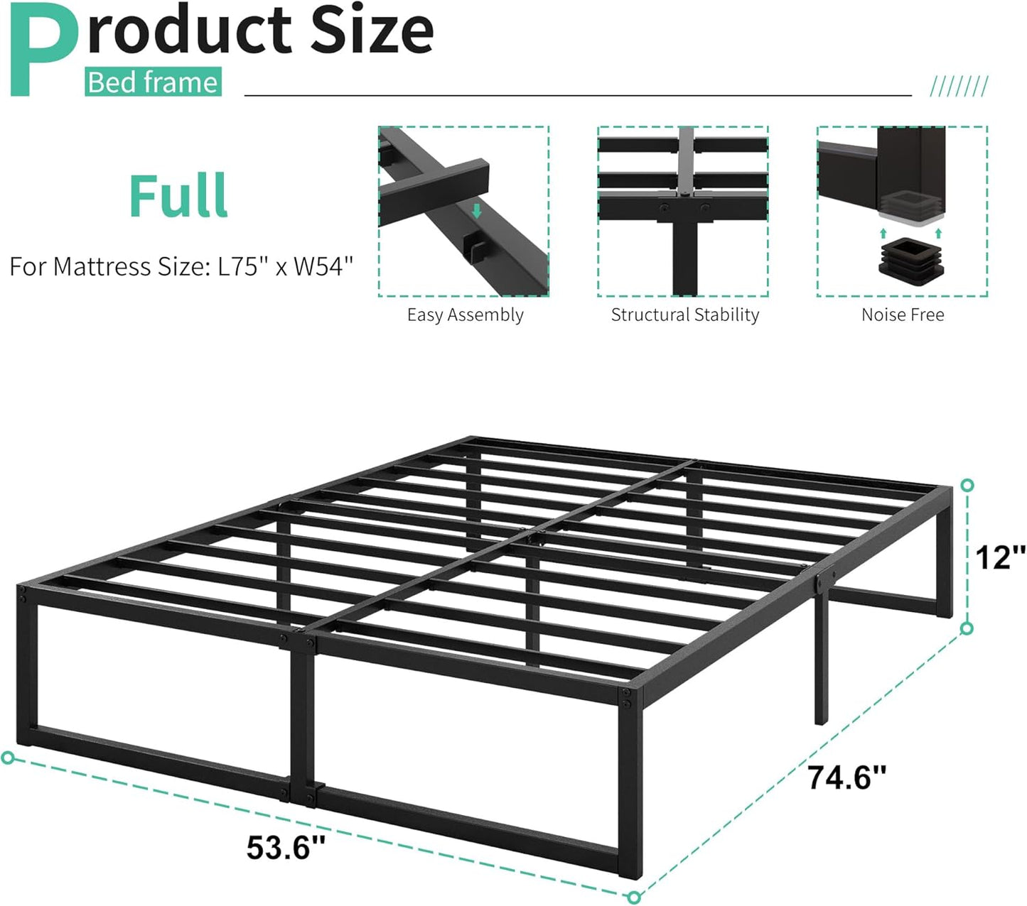 12 Inch Full Size Bed Frame No Box Spring Needed, Heavy Duty Metal Platform Beds with Sturdy Steal Slats for Mattress Foundation, Easy Assembly, Noise Free, Black