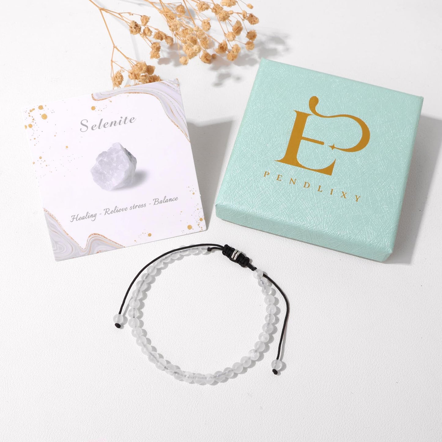 Pendlixy 4MM Healing Crystal Beaded Bracelet Handmade Adjustable Natural Selenite Stone Crystal Bracelet Healing Inspirational Gifts for Women Men
