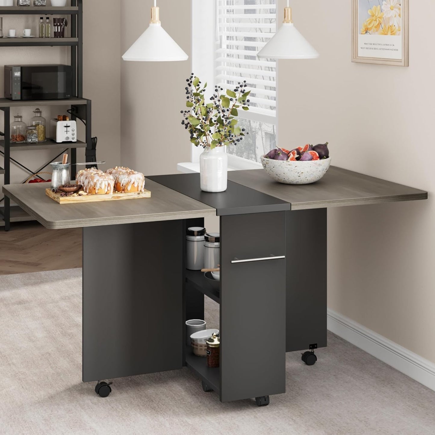 Space Saving Folding Dining Table with 2 Tier Storage-Extendable Drop Leaf Farmhouse Kitchen Dining Room Tables Set for 4, Collapsible Expandable Rectangle (Carlo Grey, 47.2"D x 23.6"W x 29.5"H)
