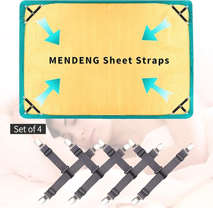 MENDENG Bed Sheet Holder Garters Bed Suspenders Sheet Stays Sheet Clips for Bedding Bed Clips for Sheets Grey Sheet Suspenders Queen 4P